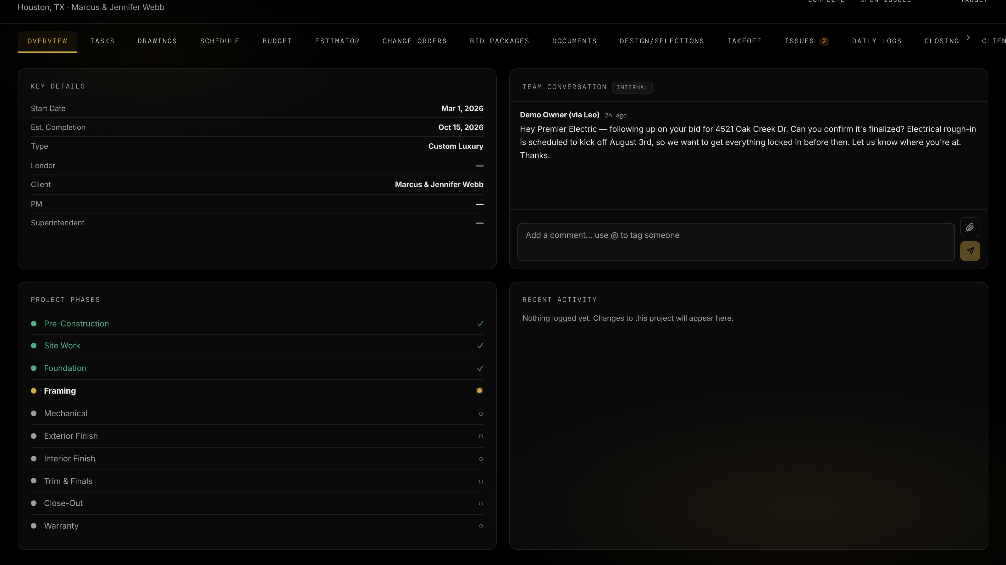 Every project at a glance: key details, phases, and team chat