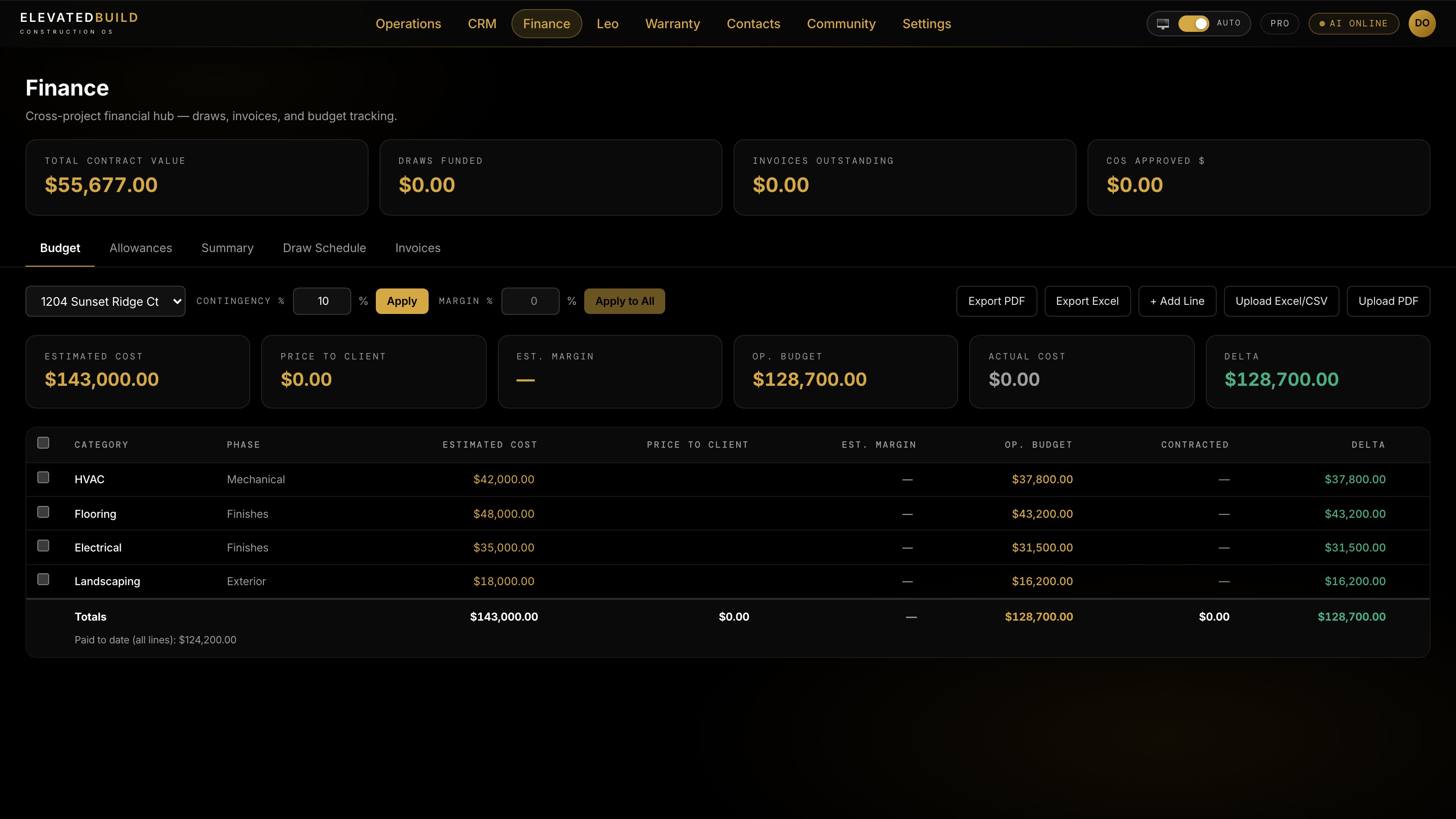 Cross-project finance hub: draws, invoices, and contingency